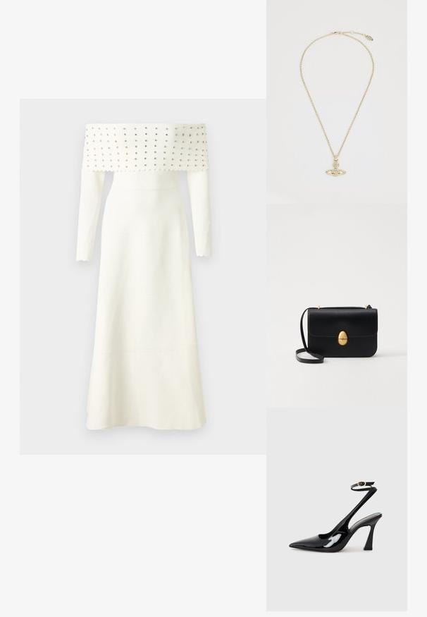 White off-the-shoulder dress with long sleeves, featuring a textured bodice adorned with silver studs, flared hem, and scalloped edges.; Black patent leather slingback high heels with a pointed toe, adjustable ankle strap, and a moderate block heel. Smooth texture with glossy finish.; Black leather handbag with a structured rectangular shape. Features a golden oval clasp and a thin shoulder strap. Smooth texture.; Vivienne Westwood MAYFAIR BAS RELIEF PENDANT - Necklace - gold-coloured