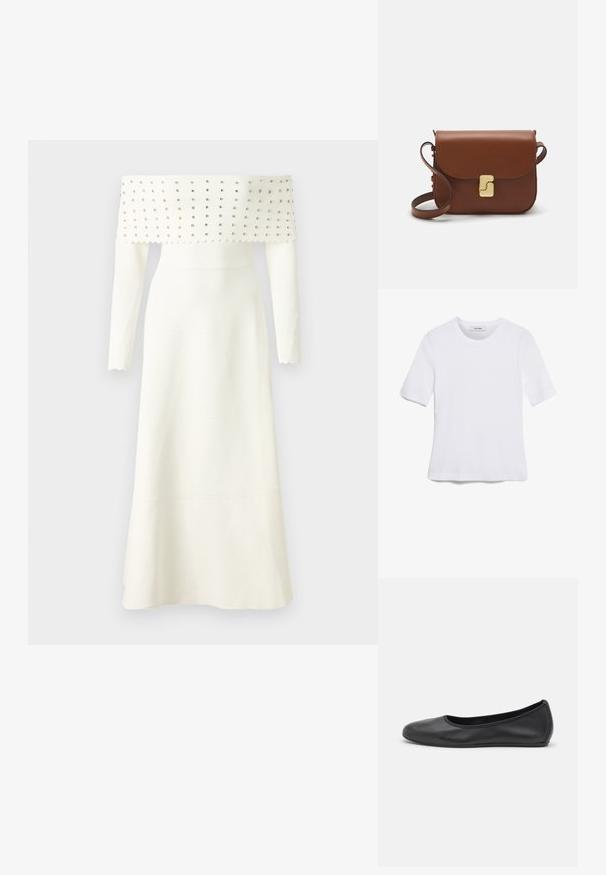 Bílá šaty bez ramínek s dlouhými rukávy, s texturovaným korzetem zdobeným stříbrnými hřebíky, rozšířeným lemem a vlnitými okraji.; Bílá tričko s krátkým rukávem vyrobené z žebrované tkaniny. Kulatý výstřih, normální střih a jemné detaily šití. Bez vzorů nebo grafik.; Černé kožené baletní byty s kulatou špičkou, hladkou texturou, minimálními švy a flexibilním designem podrážky.; Hnědá kožená kabelka s klopou, zlatými kovovými detaily, ramenním popruhem a hladkým povrchem. Kompaktní obdélníkový tvar.