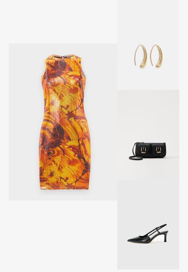 Prigludusi be rankovių suknelė ryškių oranžinės ir geltonos spalvų su abstrakčiais tamsiais raštais; tekstūruotas audinys; apykaklė suapvalinta, užsegimas nugaroje.; Juodai lakuoti slingback aukštakulniai su smailiu nosiu, su tekstūruotu gyvatės raštu, reguliuojama juosta ir trumpu, tekstūruotu blokiniu kulnu.; Juodas odinis per petį nešiojamas krepšys su dviem priekiniais kišenėmis, auksiniais sagtimis, užtrauktuko uždarymu ir siauromis petnešomis. Textūruota paviršius ir kompaktiškas stačiakampis formatas.; Auksinės metalinės auskarų kabės su lenktą, pailgą forma. Turi lygų, blizgantį paviršių ir užapvalintą galiuką papildomam akcentui.