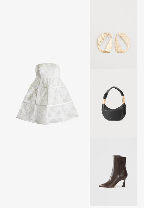 True Decadence MICAH BANDEAU CAGE - Hverdagskjole - white; Mørkebrune læderstøvler til midt på læggen med spids tå, buet slank hæl og glat overflade på en hvid baggrund.; Sort læder håndtaske med rund form, blød tekstur og en knyttet hank med guldfarvede hardware detaljer. Lynlåslukning.; Et par uregelmæssige ovalformede øreringe i guldtonet metal med en tekstureret, let hamret overflade på en hvid baggrund.