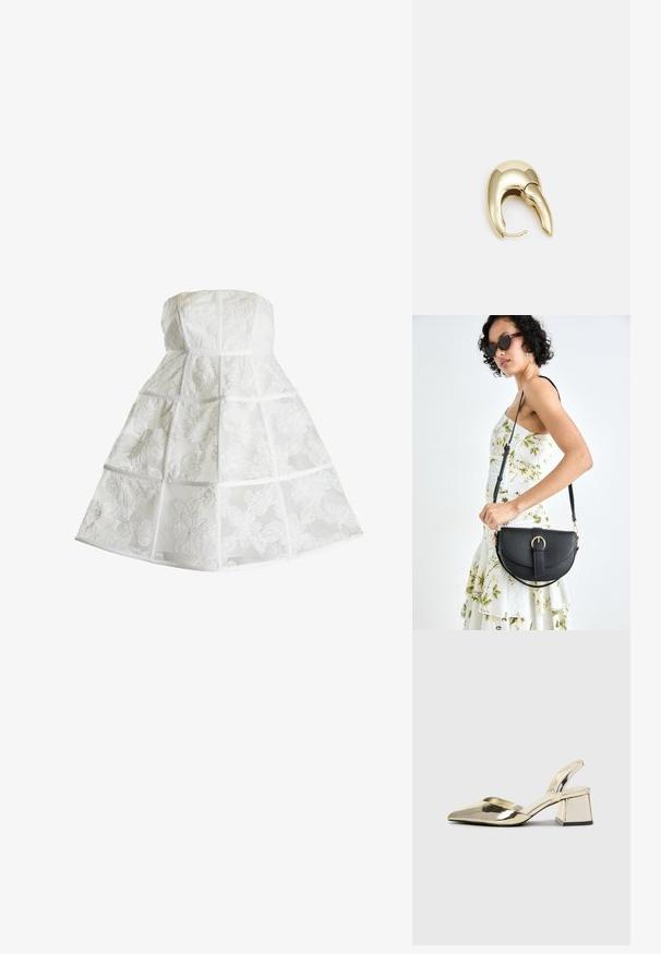 True Decadence MICAH BANDEAU CAGE - Hverdagskjole - white; Guld, metalliske slingback-hæle med spids tå og kraftig hæl. Glat tekstur, minimalistisk design og en smal strop.; Sort læderhåndtaske med en buet form, aftagelig rem og guldfinish. Tasken har en klap med en spænde detalje.; Guldtonet metal ørering med et slankt, buet design. Har en karakteristisk spids form, poleret overflade og hængselåbning.