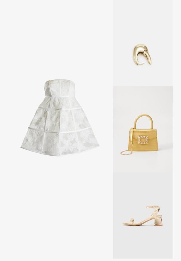 True Decadence MICAH BANDEAU CAGE - Freizeitkleid - white; Goldene metallische Sandale mit Absatz in Blockform, zwei Riemen über dem Fuß und einem verstellbaren Knöchelriemen. Glatte Textur.; Gelbe Kunstleder-Handtasche im Krokodil-Look mit strukturiertem Design, Obergriff, abnehmbarem Kettenriemen und dekorativer Kristallverzierung am Verschluss.; Ohrringe aus goldfarbenem Metall mit einem schlanken, geschwungenen Design. Sie verfügen über eine markante, spitze Form, eine polierte Oberfläche und einen Scharnierverschluss.