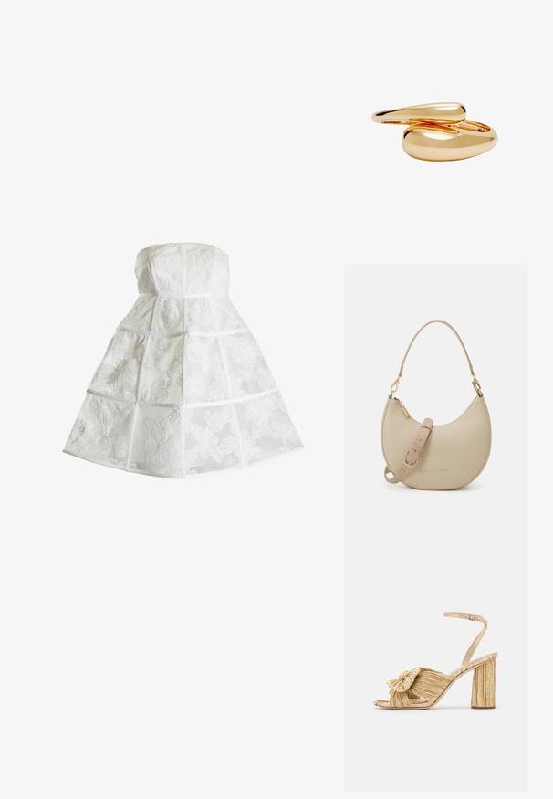 True Decadence MICAH BANDEAU CAGE - Vestito casual - white; Sandali con tacco dorato, con un davanti annodato, texture plissettata e cinturino alla caviglia. Il tacco a blocco ha un design rigato che migliora la presa.; Borsa a mano in pelle beige a forma di mezzaluna, con tracolla removibile, dettagli in metallo dorato e logo "Valentino" impresso.; Anelli color oro con forme lisce e arrotondate che si intrecciano. Finitura lucida con una superficie riflettente, che mostra un design senza soluzione di continuità.