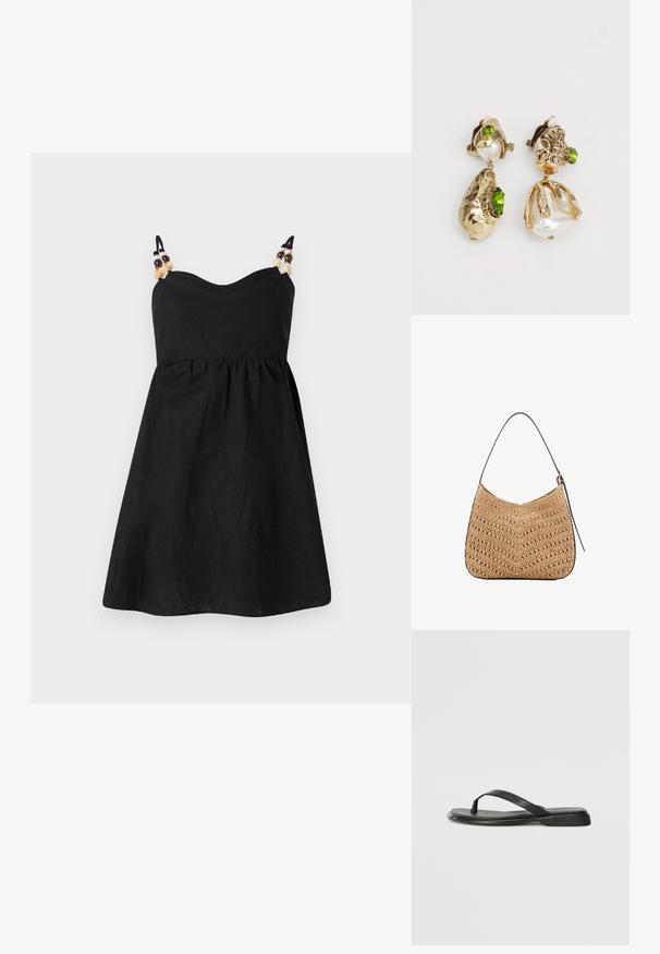 Crna lanena haljina s uskim korzetom i raširenom suknjom. Mršave naramenice ukrašene dekorativnim perlicama na ramenima. Glatka tekstura.; Crne japanke od glatke kože, s tankim remenčićem i ravnim potplatom minimalističkog profila. Bez značajnih uzoraka ili akcenata.; Tkana torba od slame s zakrivljenim oblikom, s tamnom kožnom trakom i teksturiranom površinom s chevron uzorkom.; Umjetničke naušnice zlatnog tona imaju nepravilne teksturirane oblike, ukrašene zelenim draguljima i bijelim biserima, pričvršćene kopčama za uši.