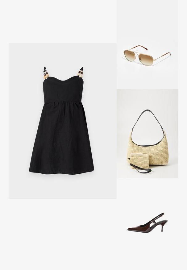 Robe en lin noir avec un corsage ajusté et une jupe évasée. Fines bretelles ornées de perles décoratives aux épaules. Texture lisse.; Escarpin en cuir verni marron avec un bout pointu, des découpes ouvertes et un talon fin. Comprend une sangle à boucle réglable.; Lunettes de soleil aviateur en or avec des verres dégradés marron, monture en métal et embouts de branches en plastique marron. Texture lisse, détails matériels minimaux.; Sac à main en paille tissée avec une silhouette courbée, doté d'une bandoulière en cuir noir lisse et d'une petite pochette assortie attachée par une sangle pour le poignet.