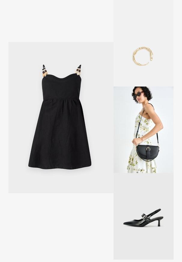 Melnas lina kleitas ar pieguļošu krūšu daļu un izpletni svārku. Šauras siksnas, rotātas ar dekoratīviem pērlītēm plecu daļā. Gluda tekstūra.; Melnas lakotas ādas sūkņa kurpes ar norādītu purngali un mazu bloku papēdi, ar sudraba sprādzi akcentā uz jostas.; Melnas ādas rokassoma ar izliekta formu, noņemamu siksnu un zelta aksesuāriem. Somai ir vāciņš ar sprādzes detaļu.; Zelta toņa gredzens ar organisku, vērptu dizainu, gludu virsmu un sašaurinātiem galiem, radot mūsdienīgu, skulpturālu izskatu.