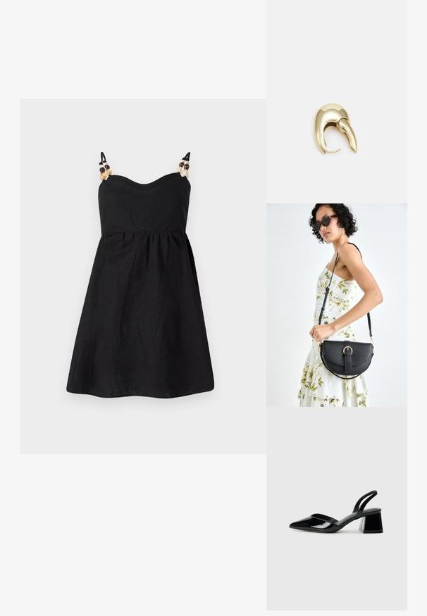 Juodas lininis suknelė su prigludusia liemenėle ir platėjančia sijonine dalimi. Ploni petnešėlės, papuoštos dekoratyvinėmis karoliukais ant pečių. Lygus paviršius.; Juodos lakuotos odinės šlepetės su smailiu pirštu ir geometriniu bloko kulnu. Turi elegantišką, minimalistinį dizainą ir lygų paviršių.; Juodas odinis krepšys su išlenkta forma, nuimamu dirželiu ir auksiniais detalėmis. Krepšys turi kilpą su sagtimi.; Aukso tono metalinės auskarai su stilingu, kreiviu dizainu. Išsiskiria ryškiu smailiu pavidalu, poliruota paviršiumi ir užsegimu su vyriu.