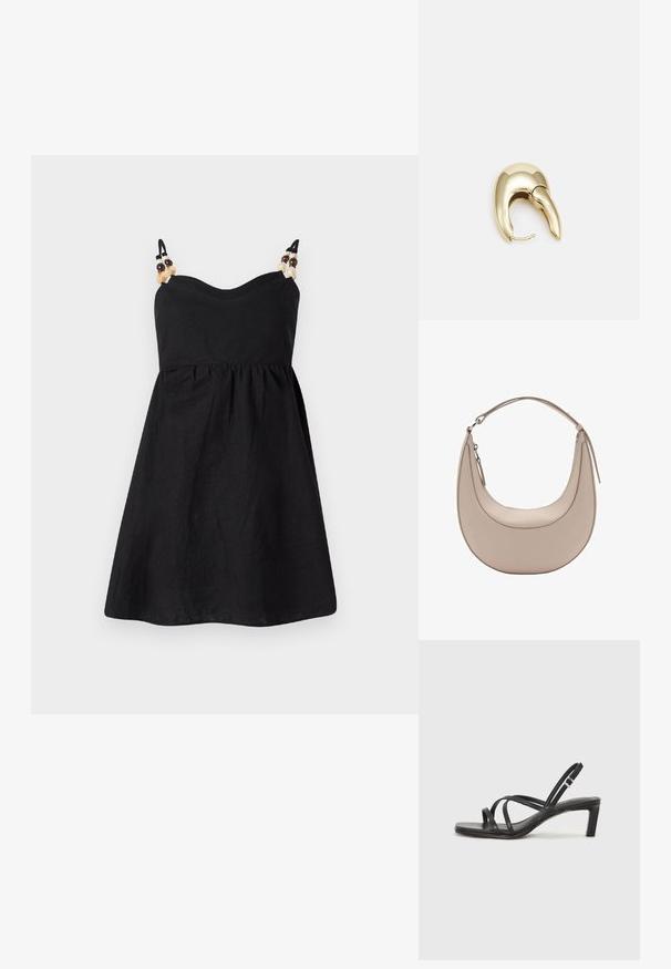 Černé lněné šaty s přiléhavým korzetem a rozšířenou sukní. Úzké ramínka zdobená dekorativními korálky na ramenou. Hladká textura.; Černé sandály na tenkém podpatku se čtveratou špičkou a nízkým blokovým podpatkem. Mají několik tenkých popruhů a nastavitelné zapínání okolo kotníku. Vyrobeny z hladké kůže.; Světle béžová kožená kabelka přes rameno s půlměsíčovým tvarem, hladkým povrchem a jedním zakřiveným uchopem. Obsahuje zipový uzávěr a upravené švy.; Náušnice ve zlatém tónu z kovu s elegantním zakřiveným designem. Vyznačují se jedinečným špičatým tvarem, lesklým povrchem a závěsem na kloub.