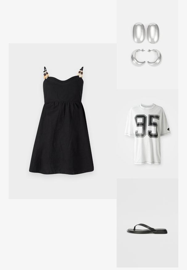 Svart lin kjole med tilpasset overdel og utsvingt skjørt. Slanke stropper pyntet med dekorative perler på skuldrene. Glatt tekstur.; Hvit T-skjorte med korte ermer og stort slitt svart tall "95" på forsiden, samt en liten svart swoosh-logo på venstre erme.; Sorte flip-flop laget av glatt lær, med en tynn stroppdesign og en flat såle med et minimalistisk utseende. Ingen bemerkelsesverdige mønstre eller aksenter.; Sølvfargede øredobber sett: to ovale stifter og to halvmåneformede hoops, med en glansfull, glatt overflate og en rund design.