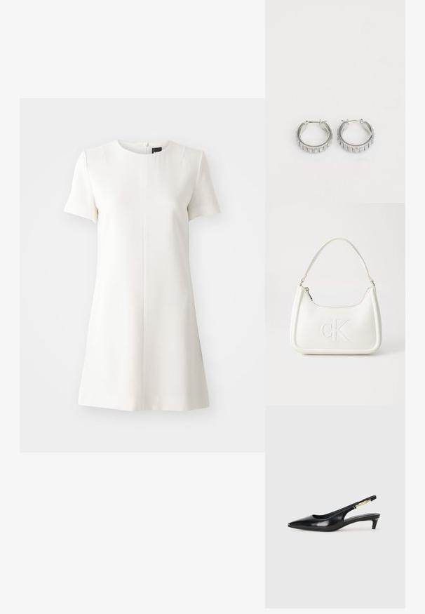 Robe blanche à manches courtes avec un col rond et une silhouette droite. Détail de fermeture éclair au dos et texture lisse. Design minimaliste.; Talons hauts en cuir noir avec un bout pointu, dotés d'un talon fin et d'un accent en ton or sur la lanière réglable. Texture lisse.; Sac à main en cuir blanc avec une forme courbée, arborant un logo "CK" embossé à l'avant et une seule bandoulière. Fermeture à glissière en haut.; Boucles d'oreilles en argent en forme de créole avec un design texturé comportant des rayures verticales. Forme circulaire avec un fermoir à attache sécurisée. Fini lisse.