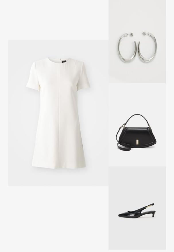 Balta trumpa rankovėmis suknelė su apvaliu dekoldė ir tiesia siluetu. Užtrauktuko detalė gale ir glotni tekstūra. Minimalistinis dizainas.; Juodas odinis pavasario batelių modelis su smailiu nosiu, turintis siaurą kulniuką ir auksinės spalvos akcentu reguliuojamoje juostoje. Lygi tekstūra.; Juoda odinė rankinė su struktūrizuotu dizainu, turi trumpą formą, viršutinę rankeną ir auksinius akcentus. Pridėtas reguliuojamas peties diržas.; Sidabriniai apvalūs auskarai su lygiu, išlenktu dizainu. Yra blizgus metalinis paviršius ir smeigtukų uždarymas. Nėra matomų raštų ar akcentų.