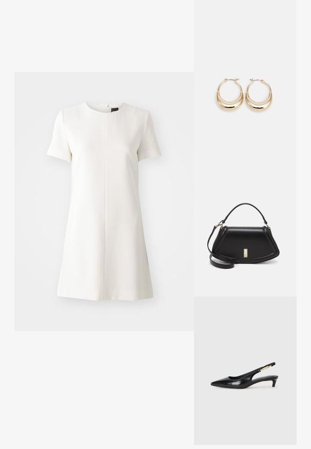 Vestido blanco de manga corta con escote redondo y silueta recta. Detalle de cremallera en la parte posterior y textura suave. Diseño minimalista.; Tacones negros de piel sintética tipo slingback con punta afilada, que cuentan con un tacón delgado y un detalle en tono dorado en la correa ajustable. Textura suave.; Bolso de mano de cuero negro con un diseño estructurado, que presenta una forma recortada, asa superior y acentos en dorado. Correa de hombro ajustable incluida.; Pendientes de aro en tono dorado con forma de media luna, superficie pulida y cierre tipo bisagra. La textura suave y el acabado reflectante mejoran la visibilidad.