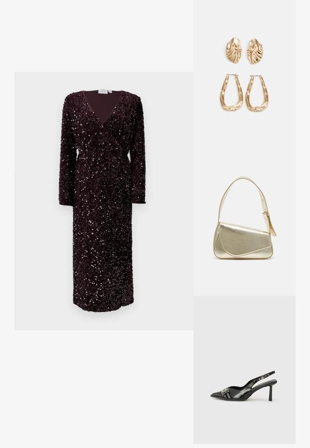 Vestido envolvente de lentejuelas burdeos, de mangas largas, hasta el suelo, con escote en v, superficie texturizada con lentejuelas brillantes dispersas, forro oscuro sólido.; Zapato de charol negro tipo slingback con punta afilada, correas al tobillo con hebillas y herrajes de plata, y un tacón delgado.; Bolso de mano metálico dorado con un diseño estructurado, textura suave y correa ajustable. Presenta una forma triangular única y un cosido minimalista.; Pendientes en tono dorado que presentan formas texturizadas y onduladas. Incluyen aros de clip esculturales y un diseño de aro abierto con un acabado martillado.