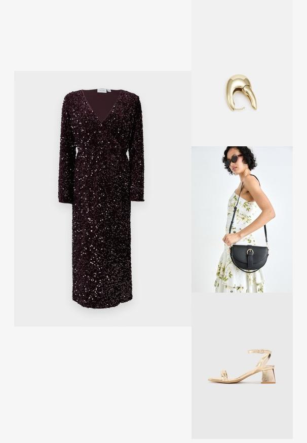 Vestido envolvente em burgundy com lantejoulas, mangas longas, até ao chão, decote em v, superfície texturizada com lantejoulas brillantes espalhadas e forro escuro sólido.; Sandalha metálica dourada com um salto em bloco angular, duas tiras sobre o pé e uma tira ajustável no tornozelo. Textura suave.; Bolsa de couro preta com forma curva, alça destacável e detalhes em dourado. A bolsa possui uma aba com detalhe de fivela.; Brinco em metal dourado com um design elegante e curvo. Apresenta uma forma pontiaguda distinta, superfície polida e fecho por dobradiça.