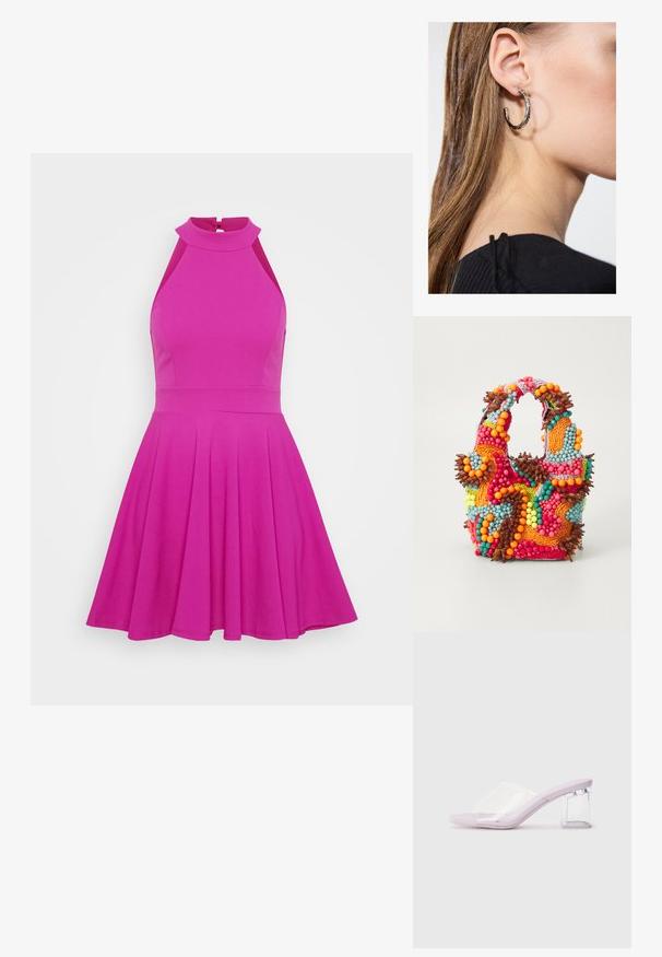 Pielāgota rozā kleita ar augstu dekoltē, bez piedurknēm un ar izvērstu svārku. Izgatavota no gludas kvalitātes materiāla, bez redzamām rakstu vai metāla detaļām.; Lillā zābaku mūli ar caurspīdīgu plastmasas augšdaļu un caurspīdīgu bloku papēdi. Gluda tekstūra, atvērta pirksta dizains, minimālisma forma.; Pērlīšu somiņa ar spilgtām krāsām: rozā, oranža, zila un brūna. Teksturēta virsma ar apaļām pērlītēm un organiskām formām, izturīgas rokturi.; Sudraba auskars ar pulētu apdari, ar maziem zelta akcentiem un apaļu formu, uz ausu ļipiņas.