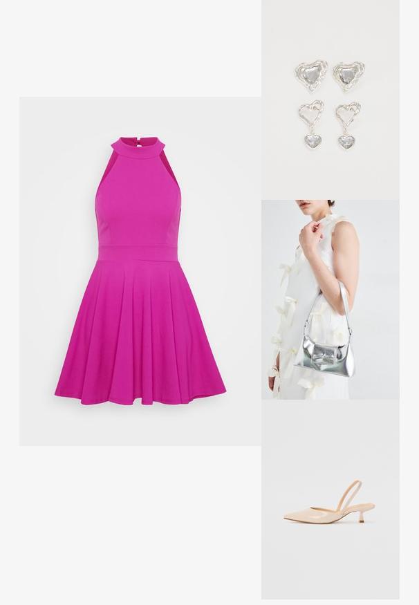 Vestido rosa ajustado com decote alto, design sem mangas e saia rodada. Feito de um material suave sem padrões visíveis ou elementos metálicos.; Saltos slingback em couro sintético bege com bico apontado e um salto quadrado fino. Textura suave e design minimalista sem embellishments.; Bolsa metálica prateada com uma forma estruturada, apresentando uma alça superior e um detalhe de laço na frente. Textura suave, acabamento reflexivo.; Os brincos em forma de coração prateados apresentam pedras claras facetadas, com uma moldura texturizada. O conjunto inclui estilos de botão e de gota.