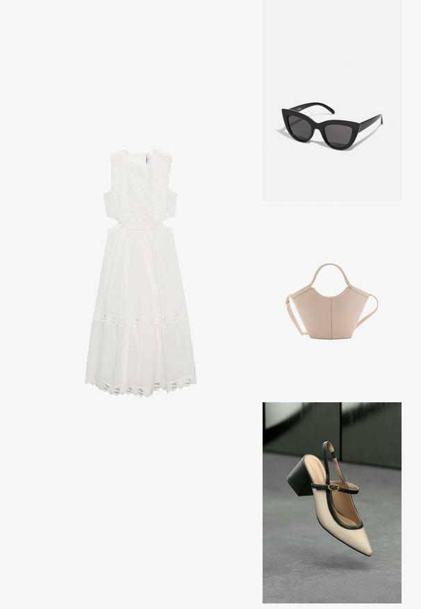 Weißes Kleid mit floralen Spitzenakzenten am Ausschnitt und Saum, ärmellos mit Ausschnitten an der Taille und einem ausgestellten Rock.; Beige Slingback-Schuh mit spitzer Zehenpartie, schwarzer Umrandung, goldener Schnalle und dicker Blockabsatz auf grauem Boden vor dunklem grünen Hintergrund.; Schwarze Cat-Eye-Sonnenbrille mit matter Oberfläche, grauen getönten Gläsern, scharfen Kanten und schlanken Bügeln. Der Markenname ist auf dem inneren Bügel sichtbar.; Beige Lederhandtasche mit einer einzigartigen Form, die zwei kurze Henkel und einen langen verstellbaren Riemen aufweist. Glatte Textur mit minimalen Hardware-Elementen.
