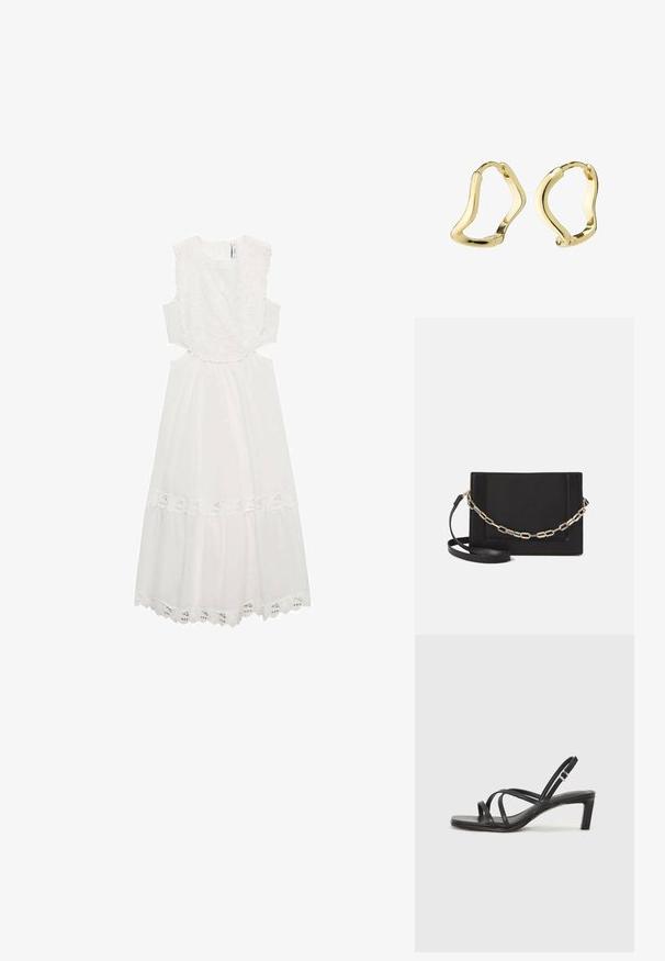 Weißes Kleid mit floralen Spitzenakzenten am Ausschnitt und Saum, ärmellos mit Ausschnitten an der Taille und einem ausgestellten Rock.; Schwarze Sandale mit Riemchen, quadratischer Zehenform und niedrigem Blockabsatz. Verfügt über mehrere dünne Riemen und einen verstellbaren Knöchelriemen. Hergestellt aus glattem Leder.; Schwarze Leder-Crossbody-Tasche mit glatter Textur, rechteckiger Form und metallic-kettendetail auf der Vorderseite. Verstellbarer Gurt inklusive.; Goldene Creolen mit einem fließenden, wellenartigen Design. Glatte Textur, offenes Format und keine sichtbaren Verschlüsse. Minimalistischer und moderner Ausdruck.
