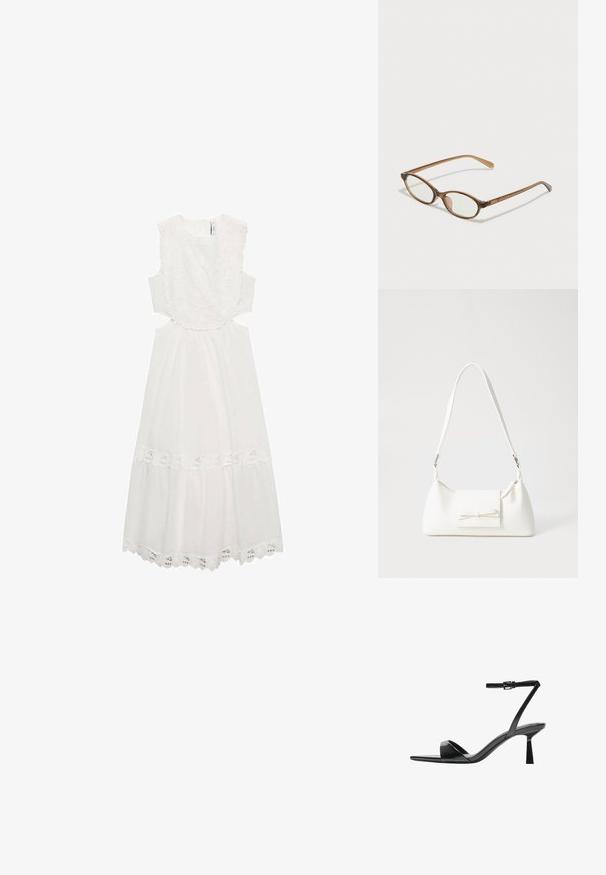 Weißes Kleid mit floralen Spitzenakzenten am Ausschnitt und Saum, ärmellos mit Ausschnitten an der Taille und einem ausgestellten Rock.; Bershka High Heel Sandalette - black; Braune Schildpatt-Brille mit ovalen Gläsern, dünnen Bügeln und transparenten Akzenten. Verfügt über ein dezentes Logo am Bügel. Elegantes, leichtes Design.; Weiße synthetische Handtasche in dreieckiger Form, flache Vorderklappe und Schleifendetail, verstellbarer Trageriemen, glatte Textur und minimalistisches Design.