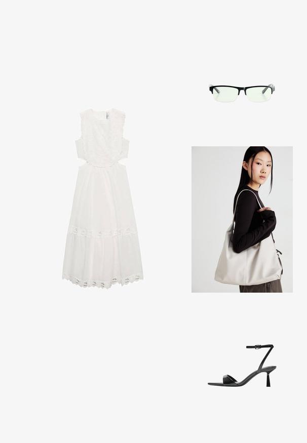 Valkoinen mekko, jossa on kukkakoristeista pitsiä kaula-aukossa ja helmassa, ilman hihoja, vyötäröllä leikkauksia ja tulppaanihame.; Bershka Korolliset sandaalit - black; Mustat suorakulmaiset silmälasit, joissa on kirkkaat linssit ja tyylikkäät mustat kehykset sekä harmaat läpinäkyvät saranat. Minimalistinen muotoilu, ilman näkyvää brändäystä.; Beige laukku, joka on valmistettu pehmeästä materiaalista, ja siinä on rento muotoilu, ommeltu yksityiskohtia ja kaksi olkahihnaa. Sopii päivittäiseen käyttöön.