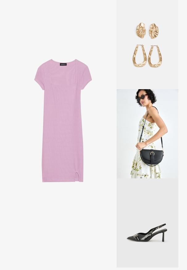 Vestido curto de mangas curtas em lilás claro com decote quadrado, textura canelada e um pequeno detalhe de fenda na bainha. Tecido suave e respirável.; Sapato slingback preto em pele patentada com bico apontado, tiras no tornozelo apresentando fivelas e acessórios prateados, e um salto elegante.; Bolsa de couro preta com forma curva, alça destacável e detalhes em dourado. A bolsa possui uma aba com detalhe de fivela.; Brincos em tom de ouro com formas onduladas e texturizadas. Inclui studs escultóricos com presilha e um design de argola aberta com um acabamento martelado.