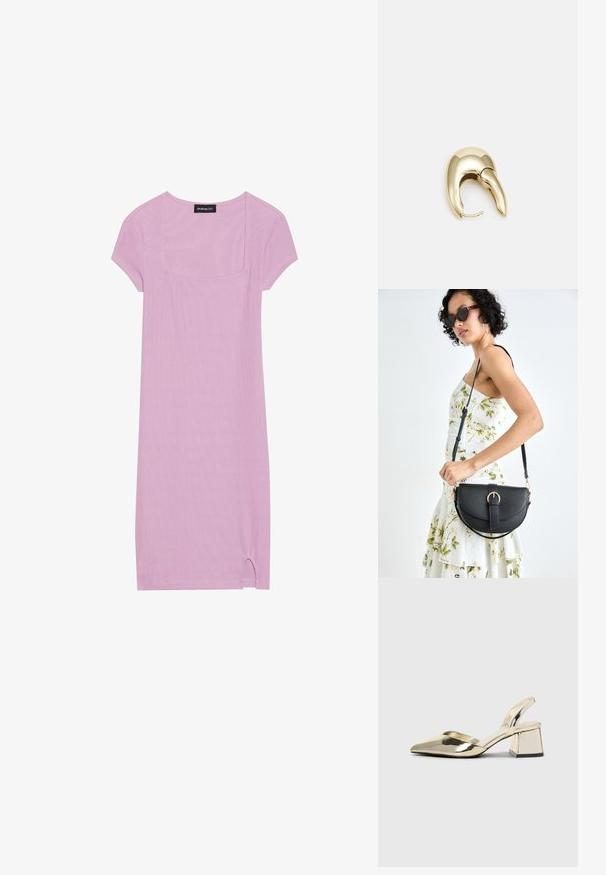 Jasnofioletowa sukienka krótko rękawowa z kwadratowym dekoltem, żebrowaną teksturą i małym rozcięciem na hemie. Miękka, oddychająca tkanina.; Złote, metaliczne szpilki z boku z wydłużonym noskiem i grubym obcasem. Gładka faktura, minimalistyczny design i wąski pasek.; Czarna skórzana torebka o zakrzywionym kształcie, z odpinanym paskiem i złotymi akcentami. Torebka posiada klapę z zapięciem w kształcie klamry.; Złote metalowe kolczyki o eleganckim, zakrzywionym kształcie. Posiadają charakterystyczny szpiczasty kształt, polerowaną powierzchnię oraz zapięcie na zawias.