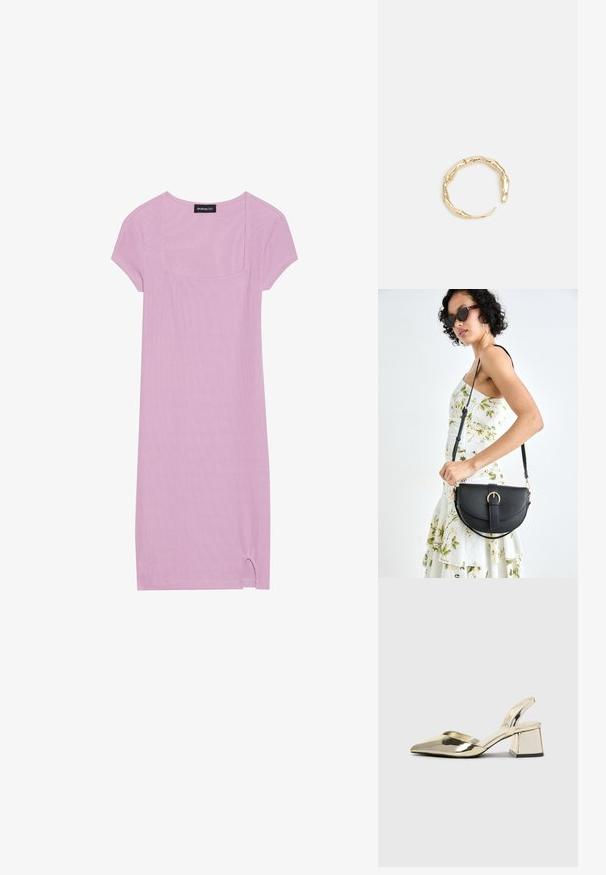 Gaiši purpura īsām piedurknēm kleita ar kvadrātveida izgriezumu, ribota struktūra un neliels šķēlums pie piedurknes. Mīksta, elpojoša auduma.; Zeltaini, metāla kurpes ar siksniņām, norakans purngalis un masīla papēdis. Gluda tekstūra, minimālisma dizains un šaura siksna.; Melnas ādas rokassoma ar izliekta formu, noņemamu siksnu un zelta aksesuāriem. Somai ir vāciņš ar sprādzes detaļu.; Zelta toņa gredzens ar organisku, vērptu dizainu, gludu virsmu un sašaurinātiem galiem, radot mūsdienīgu, skulpturālu izskatu.