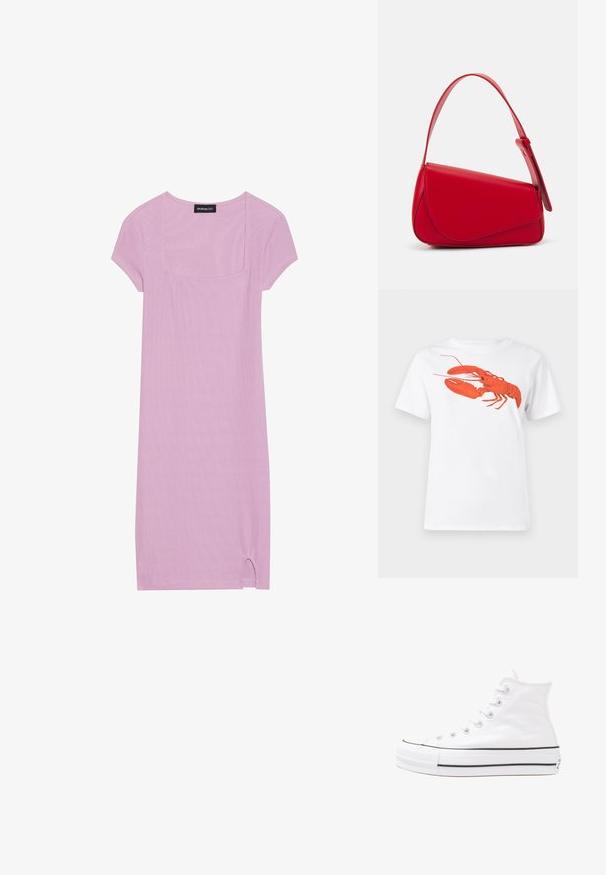 Jasnofioletowa sukienka krótko rękawowa z kwadratowym dekoltem, żebrowaną teksturą i małym rozcięciem na hemie. Miękka, oddychająca tkanina.; Biała bawełniana koszulka z dużą, jasnoczerwoną grafiką homara na przodzie. Krótkie rękawy i standardowy okrągły dekolt.; Białe wysokie trampki z płótna z czarną gumową podeszwą, przednim czubkiem z gumy i sześcioma dziurkami na sznurowadła, charakteryzujące się prostym, minimalistycznym designem.; Czerwona skórzana torebka o kanciastym, geometrycznym designie. Posiada jedną regulowaną rączkę oraz zapięcie na klapę z przeszyciami.