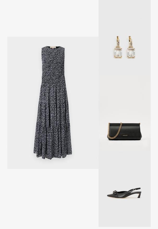 Rochie maxi neagră cu imprimeu floral mic alb și albastru. Fără mâneci, cu bust strâns și fustă în straturi pentru o siluetă fluidă.; Pantofii negri din piele cu toc mic, vârf ascuțit și detaliu decorativ cu cataramă pe partea superioară. Textură netedă, design minimal.; Plică din piele neagră cu o curea din lanț auriu, având o textură netedă, formă rectangulară și o marcă embosată pe față.; Cercei aurii care prezintă un cristal clar, rectangular, suspendat sub un rând de accente mici, rotunde, clare. Design elegant și modern.