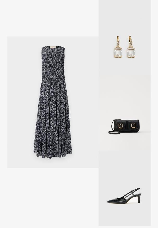 Musta maxi-mekko, jossa on pieni valkoinen ja sininen kukkakuvio. Hihaton, rypytysliiviosa ja kerroksellinen hame, joka luo ympärileikkaavan siluetin.; Musta patent slingback-kiilakorko teräväkärkisellä muotoilulla, jossa on teksturoitu käärmeennahkakuosi, säädettävä remmi ja lyhyt, teksturoitu blokkiheel.; Musta nahkainen olkalaukku, jossa on kaksi etutaskua, kultaiset soljet, vetoketjukiinnitys ja kapea hihna. Teksturoidun pinnan ja kompaktin suorakaiteen muoto.; Kulta-sävyiset korvakorut, joissa on suorakulmainen, kirkas kivi roikkumassa pienen, pyöreän kirkkaan korosteen rivin alapuolella. Tyylikäs, moderni muotoilu.