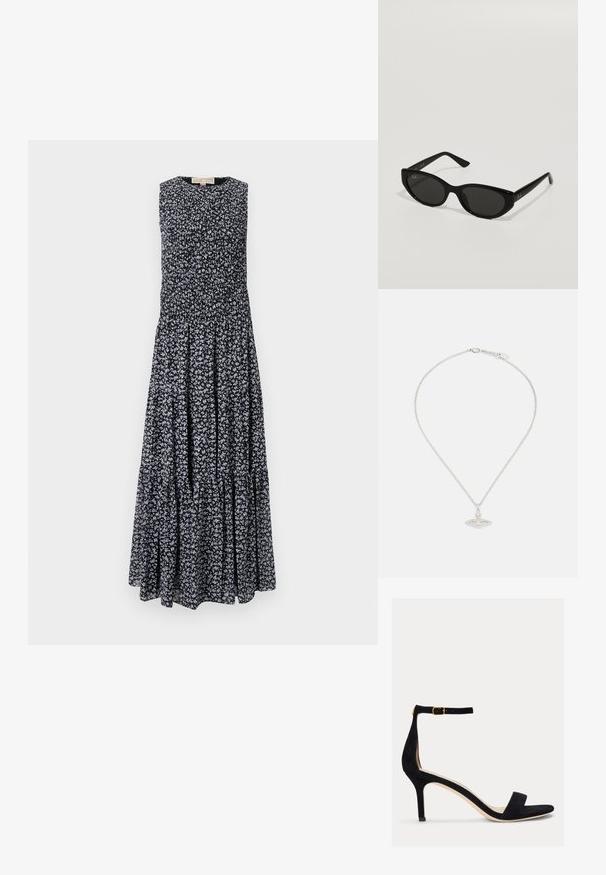 Maxi sukienka w czarnym kolorze z małym białym i niebieskim wzorem kwiatowym. Bez rękawów, z marszczonym koronką i warstwową spódnicą dla płynnej sylwetki.; Lauren Ralph Lauren ALLIE czarny; Czarne okulary przeciwsłoneczne o wąskim, kocim kształcie. Wykonane z gładkiego plastiku, z ciemnymi soczewkami i subtelnymi akcentami logo na zausznikach.; Srebrna naszyjnik z delikatnym łańcuszkiem i owalnym wisiorkiem, ozdobionym misternymi detalami oraz małym akcentem w postaci kamienia szlachetnego.