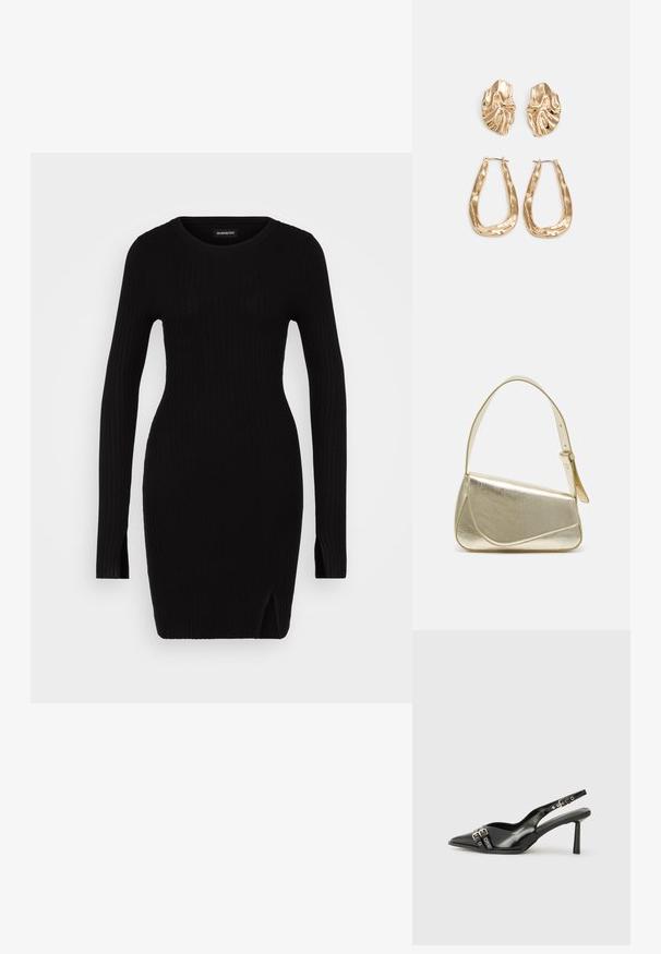 Črna rebrasta pletena obleka z dolgimi rokavi, okroglo vratno odprtino, stranskimi razpoki in oprijetim krojem, ki prikazuje gladko teksturo in minimalističen dizajn.; Črne patentne usnjene sandale s koničastim nosom, zankami okoli gležnja s srebrnimi sponkami in opremo ter vitkimi petami.; Zlata metalna torbica z urejenim dizajnom, gladko teksturo in nastavljivim trakom. Ima edinstveno trikotno obliko in minimalistično šivanje.; Zlato obarvani uhani z teksturiranimi, valovitimi oblikami. Vključujejo skulpturalne sponke za ušesa in odprto obliko obročka s kladivastim finišem.
