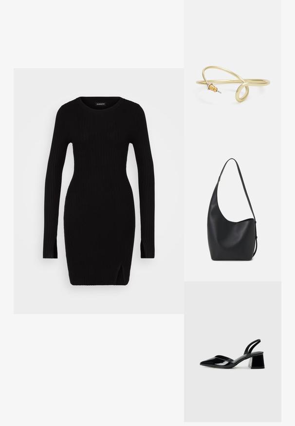 Abito nero a coste con maniche lunghe, scollatura rotonda, spacchi laterali e silhouette aderente, che mette in mostra una texture liscia e un design minimal.; Décolleté in vernice nera con punta affusolata e tacco in geometria cubica. Presentano un design elegante e minimalista, con una texture liscia.; Borsa hobo nera in pelle con una superficie liscia, forma curvata e una singola tracolla regolabile; presenta un'ampia apertura nella parte superiore.; Bracciale in metallo color oro con un design fluido e curvilineo. Presenta un piccolo e prominente accento color argento a un'estremità.