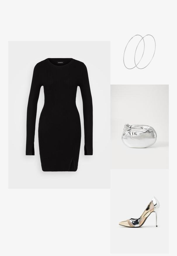 Zwart geribbeld gebreid jurkje met lange mouwen, ronde halslijn, zijsplitten en een getailleerde silhoeët, dat een gladde textuur en minimalistisch ontwerp tentoonstelt.; Puntige hoge hak schoenen met een zilver, goud en nude kleurenschema. Glanzende afwerking met uitsnijdingen en een stiletto hak.; Zilveren metalen pouch bag met een zachte, afgeronde vorm en een geknoopte sluiting aan de bovenkant. Gemaakt van soepel faux leren materiaal.; Zilveren hoepel oorbellen met een minimalistisch ontwerp. Cirkelvormig, gladde textuur en dun profiel. Lichtgewicht met een gepolijste afwerking.