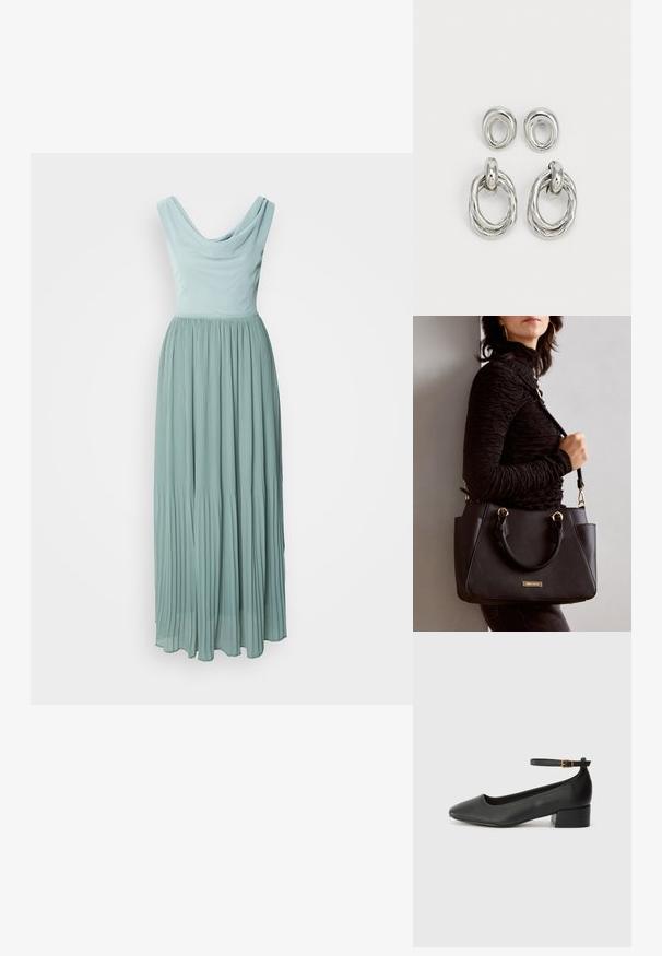 Rochie maxi pliată în nuanță de teal deschis, cu guler drapat și corset ajustat. Materialul moale și fluid creează o silueta delicată.; Pantof cu toc negru din piele, cu vârf ascuțit și toc mic pătrat. Dispune de o curea la gleznă cu o cataramă în tonuri de aur. Textură netedă.; Geantă de umăr neagră cu suprafață texturată, cu două mânere superioare și curea de umăr ajustabilă. Dispune de accesorii metalice de culoare aurie și buzunare laterale.; Cercei din metal cu ton argintiu, prezentând două modele: un cerc cu fir răsucit și un cerc simplu, cu suport. Suprafața reflectorizantă sporește eleganța.