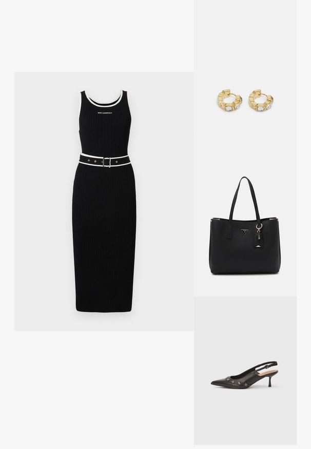 Vestido midi preto de malha com decote redondo, com acabamento em branco e um cinto a condizer com fivela prateada. Texto "KARL LAGERFELD" na frente.; Sapato de salto tipo slingback em couro preto com bico pontiagudo, salto pequeno e detalhes metálicos decorativos ao longo da abertura frontal. Textura suave.; Mala tote preta feita de material sintético texturizado, com duas alças, uma placa de logótipo dourada e uma etiqueta pequena com um detalhe em acento.; Brincos de argola dourados com um design texturizado e três cristais transparentes em um lado, oferecendo uma estética geométrica moderna.