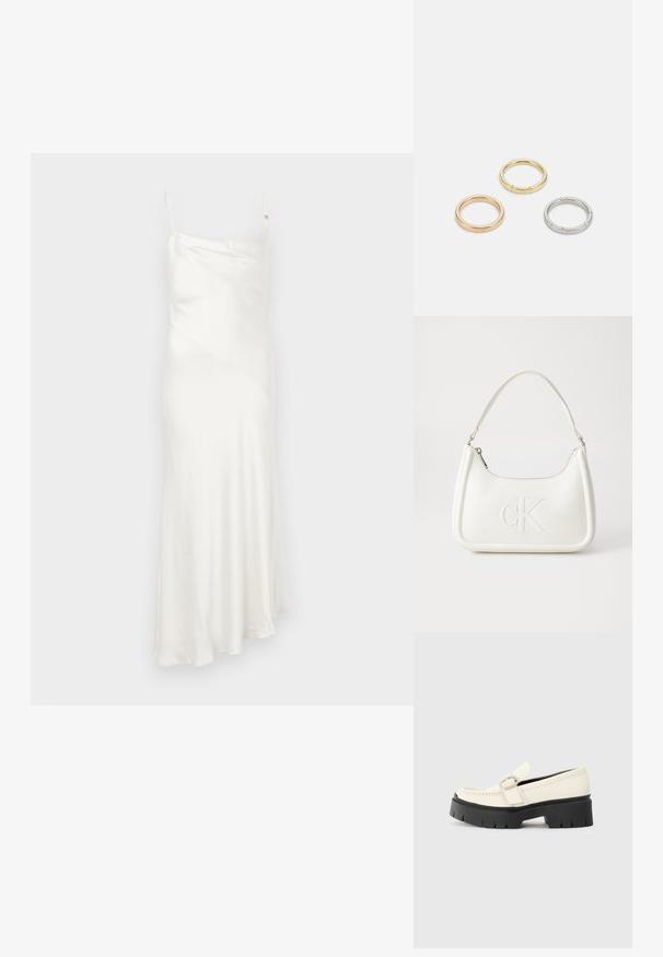 Fehér selyem slip ruha vékony pántokkal, átlós varrási részlet és bővülő szegély, amely lágy vonalvezetést teremt. Simogató, könnyű textúra.; Fehér bőr lófarok, vastag fekete platform talppal, téglalap alakú ezüst csattal és látható varrás részletekkel a felső részen.; Fehér bőrtáska ívelt formájú, elöl feltűnő "CK" logóval, egyetlen vállpánttal. Cipzáras zárás a tetején.; Három fémgyűrű: az egyik rose gold, a másik texturált akcentusokkal ellátott arany, a harmadik pedig ezüst, mindegyiken gravírozott márkajelzés található a belső sávon.