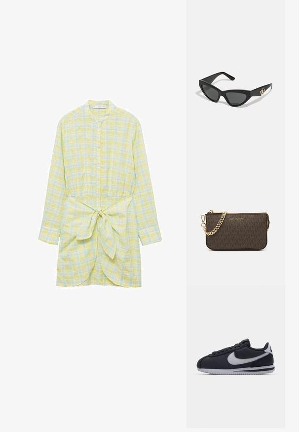 Kostkované šaty košile v žluto-modré barvě, dlouhé rukávy, zapínání na knoflíky, stáhnutý pas s detailem na zavázání, lehká tkanina, uvolněný střih.; Černá sportovní bota s šedými akcenty, hladký syntetický svršek, strukturovaná podrážka, zakulacená špička a ploché tkaničky. Klasický design s detailem loga.; Sunglasses ve tvaru kočičích očí s matným černým plastovým rámem, tmavými skly a zlatým logem na stranu. Úhlový design a hladká textura.; Hnědá kožená crossbody taška s logem, zlatým řetízkem, zipovým uzávěrem a zlatými akcenty. Kompaktní a obdélníkový tvar.