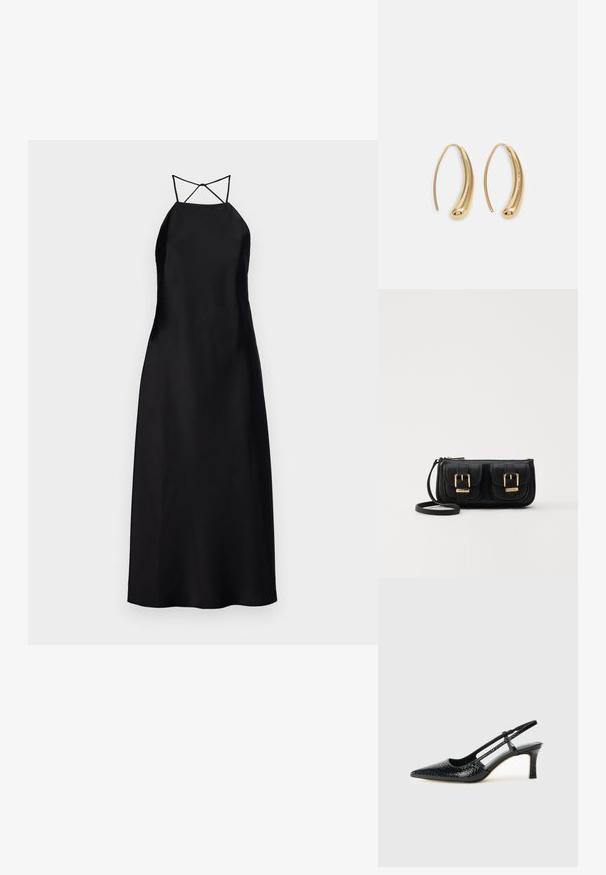 Black satin maxi dress with a halter neckline and crisscross back straps, featuring a smooth texture and minimalist design.; Black patent slingback heel with a pointed toe, featuring textured snake print, adjustable strap, and a short, textured block heel.; Black leather crossbody bag with two front pockets, gold buckles, zipper closure, and a slim strap. Textured surface and compact rectangular shape.; Gold-tone metal hoop earrings with a curved, elongated shape. Features a smooth, shiny surface and a rounded tip for added detail.