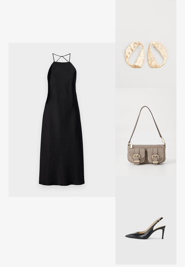 Mustan satiinisen maxi-mekon, jossa on olkaimeton kaula-aukko ja ristikkäiset selkäremmit. Mekko on sileäpintainen ja minimalistinen muotoilu.; Mustat nahkaslingback-korkokengät, joissa on terävä kärki, säädettävä hihna ja tyylikäs stiletto-korko, jotka tarjoavat sileän pinnan.; Beige käsilaukku, jossa on säädettävä olkahihna, kaksi etutaskua, jotka on varustettu soljilla, ja kultaiset yksityiskohdat. Vetoketjusulku ylhäällä.; Pari epämuodostuneita soikeita kultasävyisiä metallikorvakoruja, joissa on teksturoitu, hieman hakattu pinta valkoista taustaa vasten.