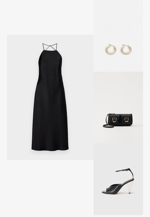 Svart satin maksikjole med halterneck og krysslagte ryggstropper, med en glatt tekstur og minimalistisk design.; Svart lær høyhælte sandaler med åpen tå, asymmetrisk design, ankelstropp og en metallisk kjegleformet hæl. Glatt tekstur hele veien.; Svart skinn crossbody veske med to frontlommer, gyldne spenner, glidelåslukking og en slank stropp. Teksturert overflate og kompakt rektangulær form.; Lauren Ralph Lauren BASIC SMALL HOOP - Øredobber - gold-coloured
