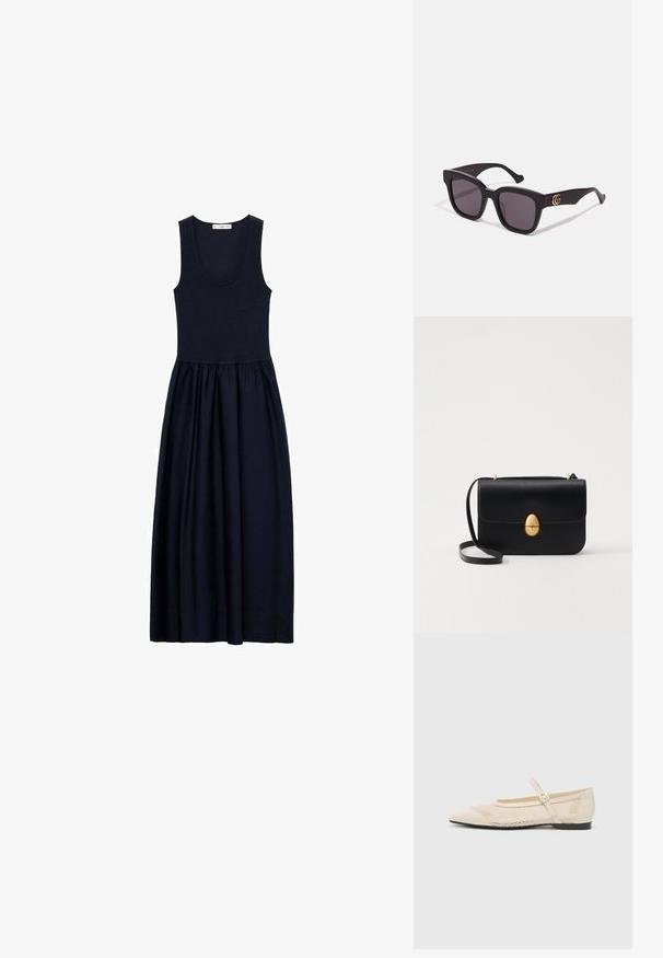 Námornícka modrá maxi šaty bez rukávov vyrobené z mäkkej tkaniny, s priliehavým telom a skladanou sukňou pre pohodlný strih a voľný pohyb.; Béžové baletky s špicatou špičkou, s prekrytím z sieťoviny a postranným prackovým pásom. Plná podrážka s hladkou textúrou.; Čierne slnečné okuliare so škvrnitými sklami, s zlatými logovými akcentmi na stranách a matným povrchom. Úhlový dizajn pre odvážny vzhľad.; Čierna kožená kabelka so štruktúrovaným obdĺžnikovým tvarom. Obsahuje zlaté oválne zapínanie a tenký ramenný popruh. Hladká textura.