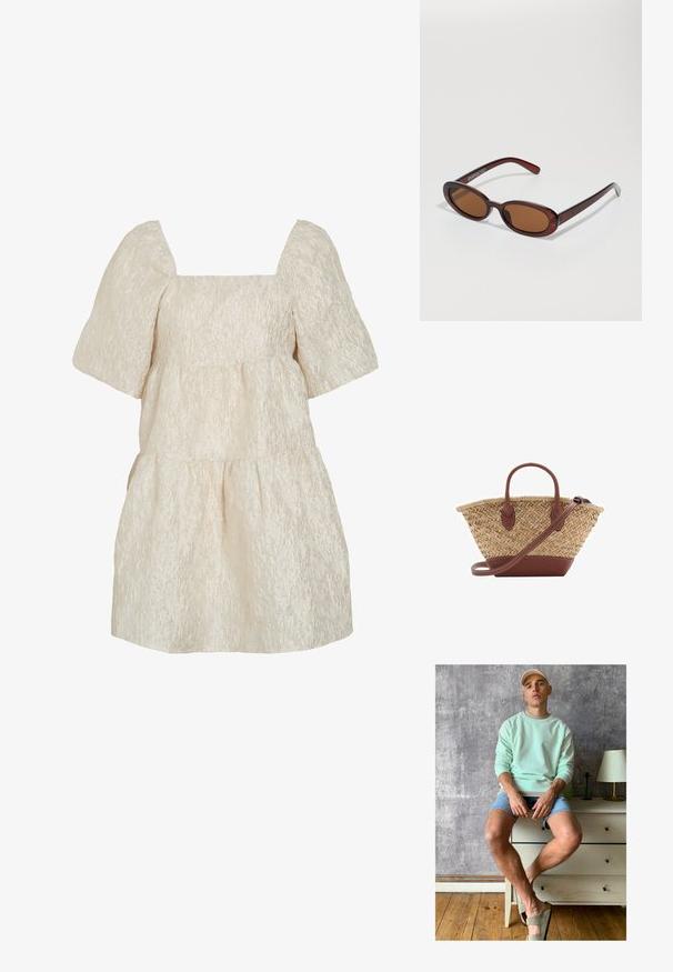 Rochie scurtă bej cu mâneci scurte bufante, decolteu pătrat și țesătură jacquard floral texturată.; Hanorac verde mentă, pantaloni scurți din denim și pantofi slip-on verde oliv. Așezat pe o comodă de culoare deschisă, lângă un perete texturat gri.; Ochelari de soare rotunzi, cu nuanțe de brown și cu un cadru lucios de burgund. Brațe subțiri cu detalii subtile de branding. Design cu lentile plate.; Geantă din paie împletită cu accente din piele maro, două mânere și curea detașabilă. Formă curbată cu o bază robustă.
