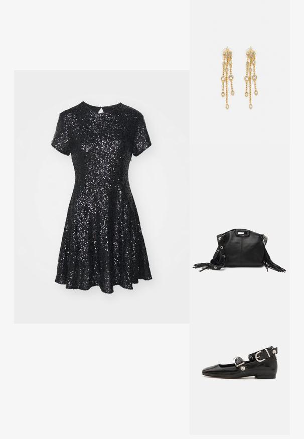 Czarna sukienka na krótki rękaw pokryta cekinami, z okrągłym dekoltem, rozkloszowanym dołem i wycięciem w kształcie łezki z tyłu.; Czarne lakierowane baleriny z kwadratowym noskiem, z paskiem na kostkę z metalowymi elementami w kolorze srebrnym oraz płaską podeszwą. Gładka textura i minimalistyczny design.; Maje - Torba na ramię; Złote kolczyki z wieloma kaskadowymi łańcuszkami, z przezroczystymi owalnymi akcentami z rhinestone'ów oraz ozdobnymi sztyftami.