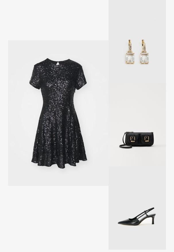 Musthave musta lühikeste varrukatega kleit, kaetud sädelevate litritega, ümmarguse kaelusega, flared seeliku ja avausega seljal.; Mustmust paelad, millel on terav varvas, tekstuuriga maduprindiga, reguleeritav rihm ja lühike tekstuuriga plokknina.; Must küllastamata nahast õlakott, millel on kaks esist nähtavat taskut, kuldsed pandlad, tõmblukuga sulgemine ja peen rihm. Tekstuuriga pind ja kompaktne ristkülikukujuline kuju.; Kuldtooni kõrvarõngad, millel on ristkülikukujuline, selge kristall, mis ripub allapoole väikeste ümmarguste selgete aktsentide rida. Viimistletud, kaasaegne disain.