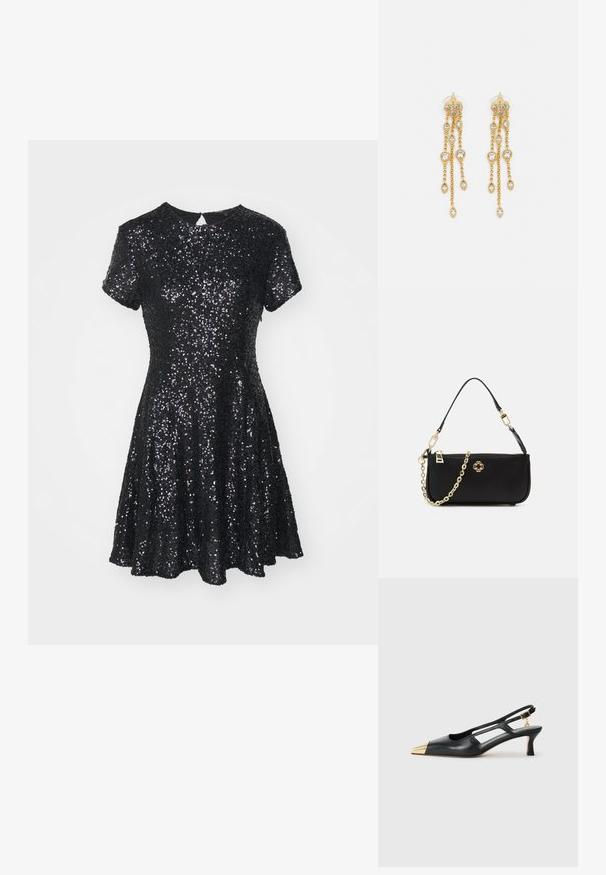 Fekete, rövid ujjú ruha, amelyet flitterek borítanak, kerek nyakkivágással, bővülő szoknyával és kulcslyuk részlettel a hátsó részen.; Fekete bőr slingback cipő hegyes orral és arany fémes orrbetéttel. Kivágott designnal és vékony sarokkal rendelkezik, állítható pánttal.; Fekete kézitáska sima felülettel, arany láncos vállpánttal, cipzáras záródással és díszes arany emblémával az elején.; Fekete kézitáska sima felülettel, arany láncos vállpánttal, cipzáras záródással és díszes arany emblémával az elején.; Aranyszínű fülbevalók, több zuhanó lánccal, tiszta ovális strasszköves díszítéssel és dekoratív fülbevaló tetejével.