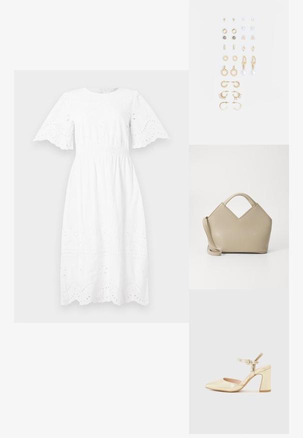 Fehér pamutruha rövid, peplumos ujjal, kerek nyakkal, és hímzett szemfelső részletességgel a mellrészen és az alján.; Arany fémes magas sarkú cipő hegyes orral, bokapánttal, amelyen köralakú csat található, és tömzsi sarokkal rendelkezik. Simás textúra.; Beige struktúrált kézitáska V-alakú tetejével, sima bőr anyaggal, rövid fogantyúkkal és hosszú állítható pánttal. Minimál stílusú design.; Arany tónusú fülbevalók szettje, amely különféle mintákat tartalmaz, beleértve a stift fülbevalókat, karikákat és gyöngyökkel és strasszokkal díszített hosszú fülbevalókat.