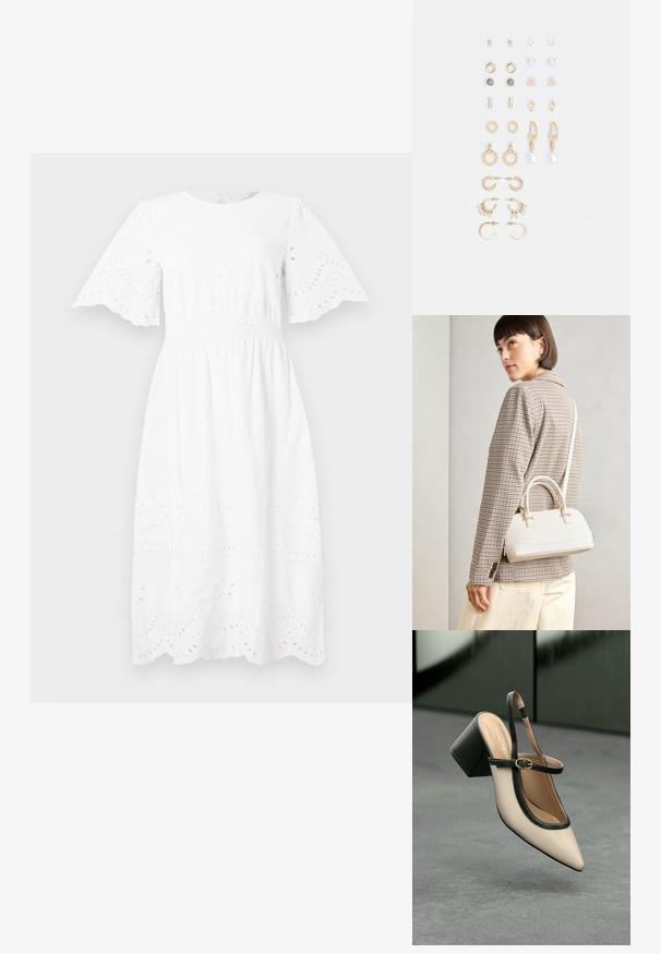 Vit bomullsdress med korta, utsvängda ärmar, rund hals och broderade hålmönster längs bodice och nederkant.; Beige spetstoppad slingback-sko med svart kant, guldspänne och en kraftig blockklack på grått golv med mörkgrön bakgrund.; Vitt strukturerat handväska med korta handtag och en axelrem, med gyllene detaljer och texturerat material, visad mot en grå bakgrund.; Set med guldtonade örhängen med olika designer, inklusive studs, hoops och hängande delar med pärlor och rhinestones.