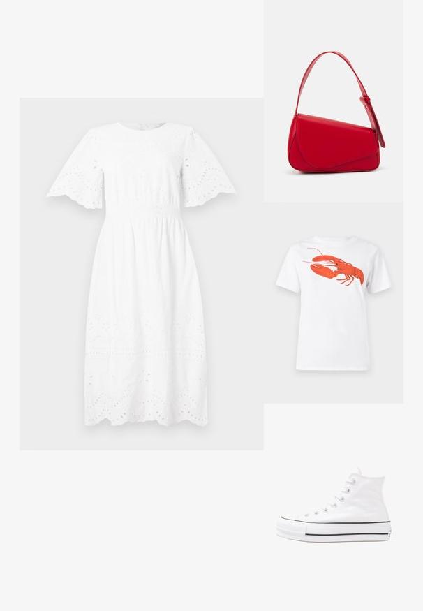 Balta kokvilnas kleita ar īsām, izplestām piedurknēm, apaļu dekoltē un izšūtām acs detaļām gar ķermeni un apakšu.; Balta kokvilnas T-krekls ar lielu, spilgti sarkanu omāru grafiku uz priekšu. Īsas piedurknes un standarta apļveida kakla dizains.; Balti augstie kanvas sporta apavi ar melnu gumijas zoli, priekšējo gumijas purngalu un sešām acīm lencēm, kuriem ir tīrs, minimālistisks dizains.; Sarkans ādas rokassomi ar stūrainu, ģeometrisku dizainu. Iekļauj vienu regulējamu siksnu un vāku ar izšūtu detaļu.