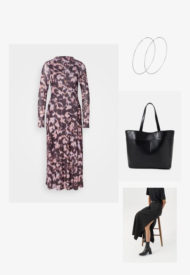 Langärmliges, tailliertes Kleid aus einem strukturierten, leichten Stoff mit einem dunklen Blumenmuster in Schwarz, Rosa und Creme.; Schwarzer Leinen-Maxi-Rock mit hohem Schlitz, getragen mit einem schwarzen T-Shirt und schwarzen Knöchelstiefeln. Minimalistisches Design mit lockerer Passform.; Schwarze Leder-Shopper-Tasche mit zwei langen Griffen, einer glatten Textur und einer strukturierten Form. Verfügt über eine Vordertasche für zusätzlichen Stauraum.; Silberne Creolen mit minimalistischem Design. Rundform, glatte Oberfläche und dünnes Profil. Leichtgewichtig mit hochglänzender Oberfläche.
